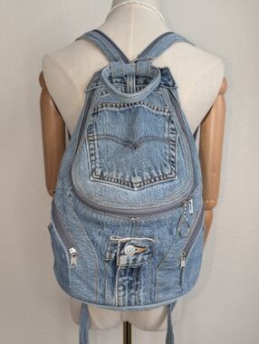 Handmade Blue Denim Jeans Multi Pocket Zip Handbag Backpack Upcycled Levi's